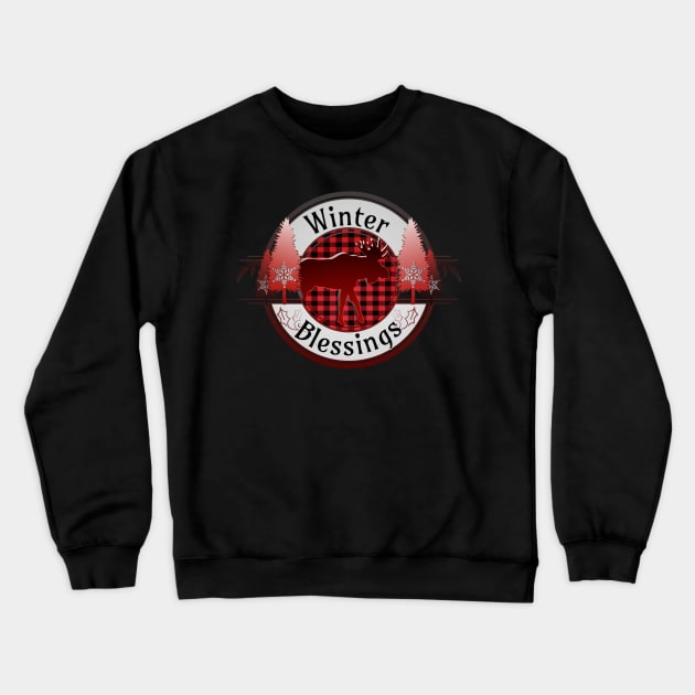 Winter Blessings Plaid Moose Badge Crewneck Sweatshirt by mythikcreationz